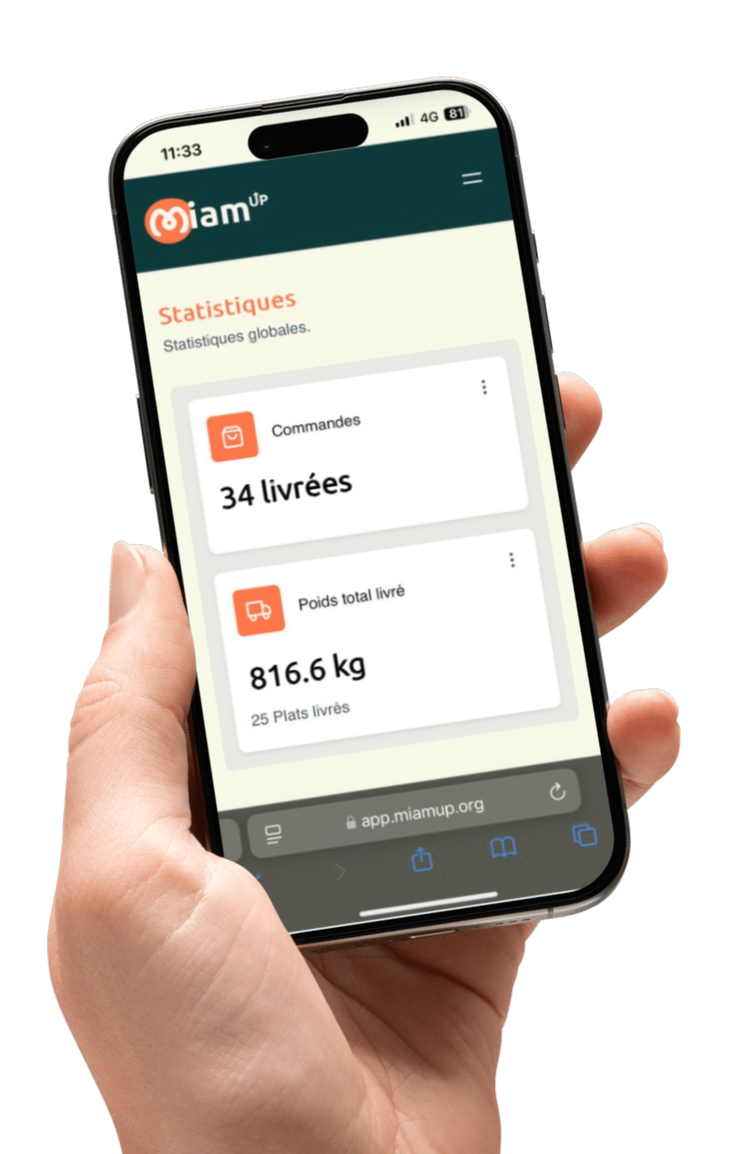 Smartphone montrant la plateforme de don Miam'Up