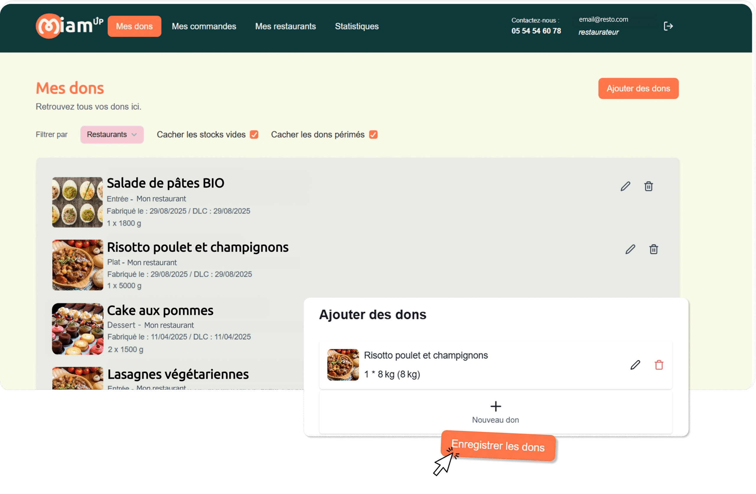page de la plateforme web Miam'Up et liste des dons alimentaires déposés