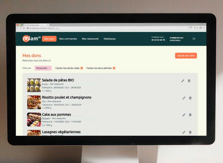 Plateforme web Miam'Up : liste des dons disponibles
