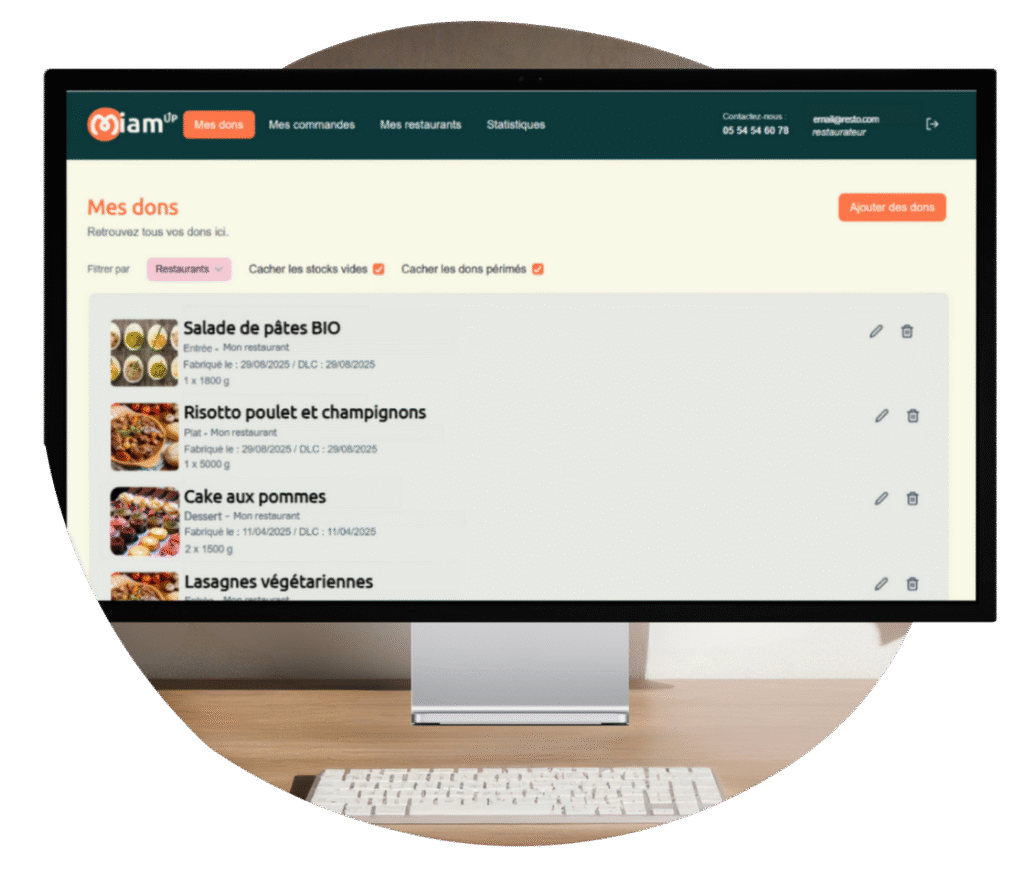 Page web plateforme de don Miam'Up sur l'écran d'un ordinateur