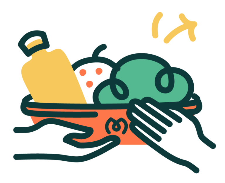 Illustrations don alimentaire : mains qui se donnent un bac gastronorme rempli