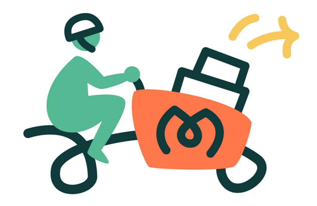 Illustration livreur sur son vélo cargo avec remorque Miam'Up